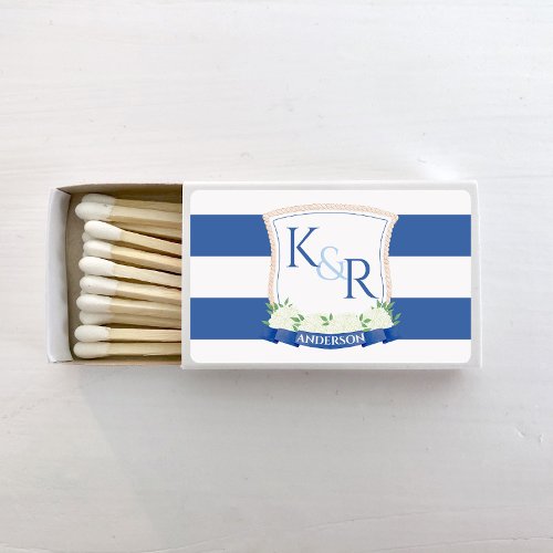 Watercolor Blue And White Coastal Wedding Crest Matchboxes
