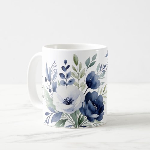 Watercolor Blue and White Floral Bouquet  Coffee Mug