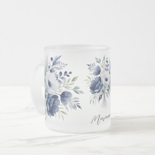 Watercolor Blue and White Floral Bouquet  Frosted Glass Coffee Mug