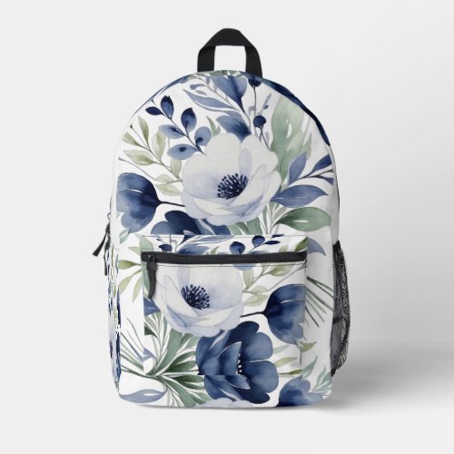 Watercolor Blue and White Floral Bouquet  Printed Backpack