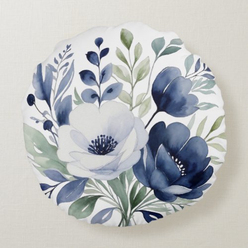 Watercolor Blue and White Floral Bouquet  Round Pillow