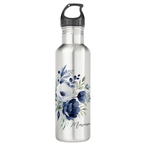 Watercolor Blue and White Floral Bouquet  Stainless Steel Water Bottle