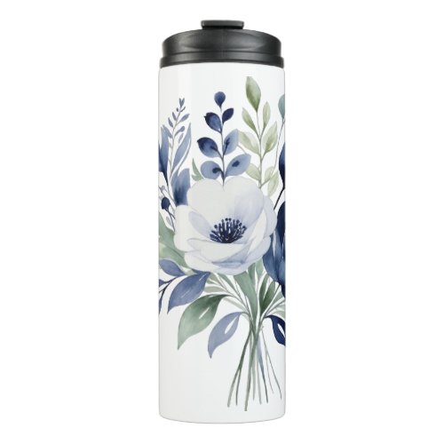 Watercolor Blue and White Floral Bouquet  Thermal Tumbler
