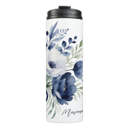 Watercolor Blue and White Floral Bouquet  Thermal Tumbler