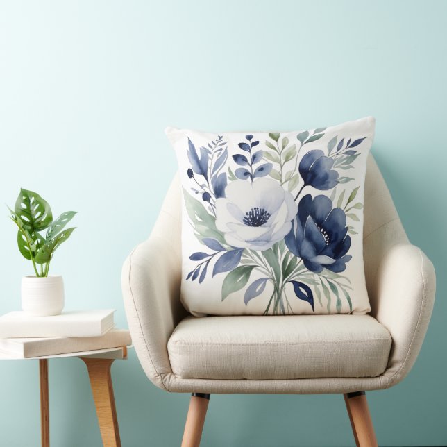 Watercolor Blue and White Floral Bouquet  Throw Pillow (Chair)