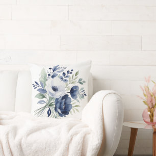 Watercolor Blue and White Floral Bouquet Throw Pillow