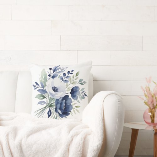 Watercolor Blue and White Floral Bouquet  Throw Pillow