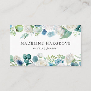 Watercolor Blue and White Floral Garland Business Card