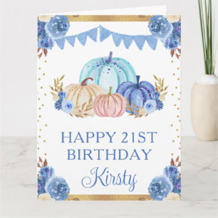 Watercolor Blue and White Floral Pumpkins Birthday Card