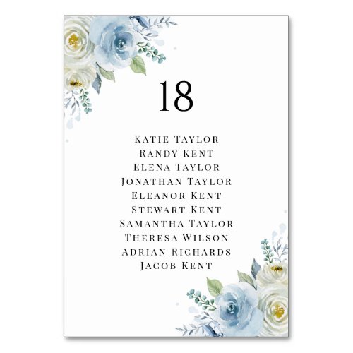 Watercolor Blue and White Floral Wedding Seating Table Number
