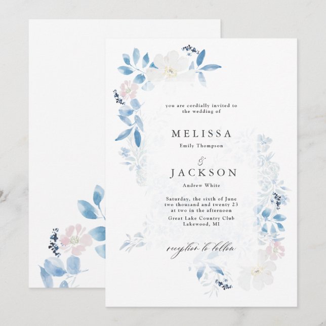 Watercolor Blue and White Flowers Invitation (Front/Back)