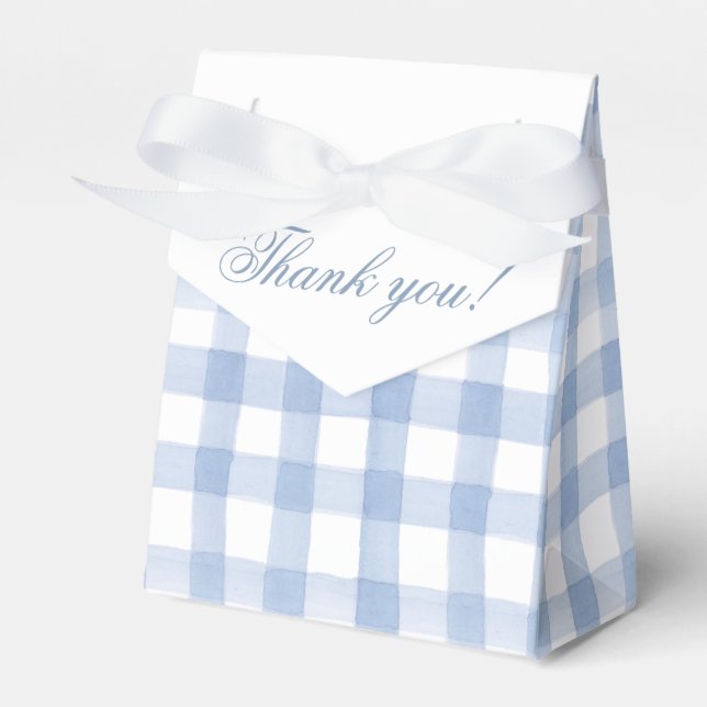 Watercolor Blue and White Gingham Crest Favor Boxes (Front Side)