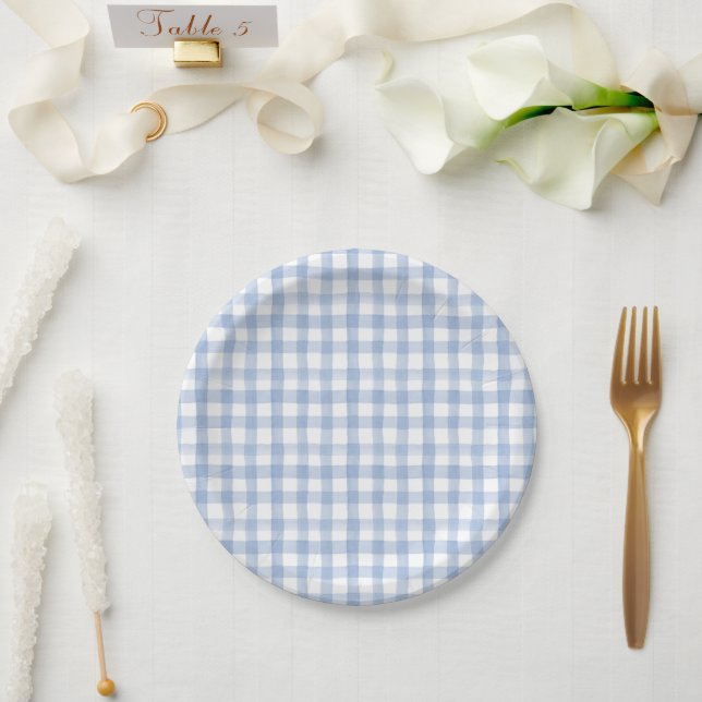 Watercolor Blue and White Hydrangea Blue Gingham Paper Plates (Wedding)