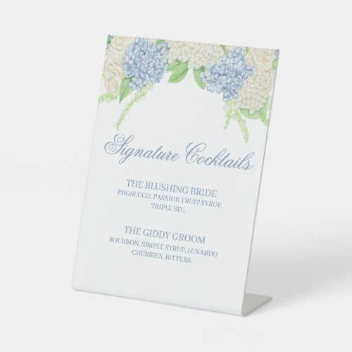 Watercolor Blue and White Hydrangea Cocktail Menu Pedestal Sign