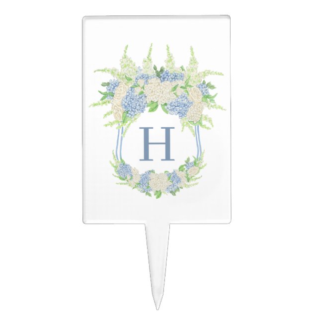 Watercolor Blue and White Hydrangea Crest Cake Topper (Front)