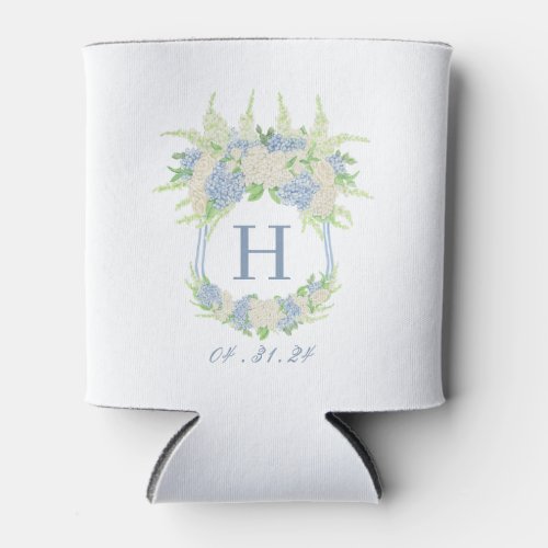 Watercolor Blue and White Hydrangea Crest Can Cooler
