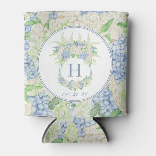 Watercolor Blue and White Hydrangea Crest Can Cooler