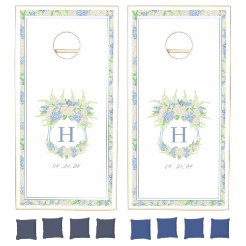 Watercolor Blue and White Hydrangea Crest Cornhole Set
