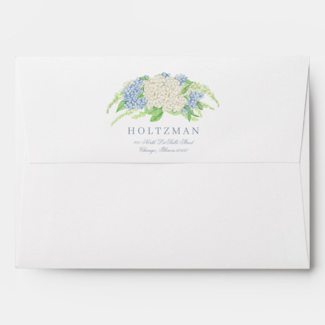 Watercolor Blue and White Hydrangea Crest Envelope (Back (Top Flap))