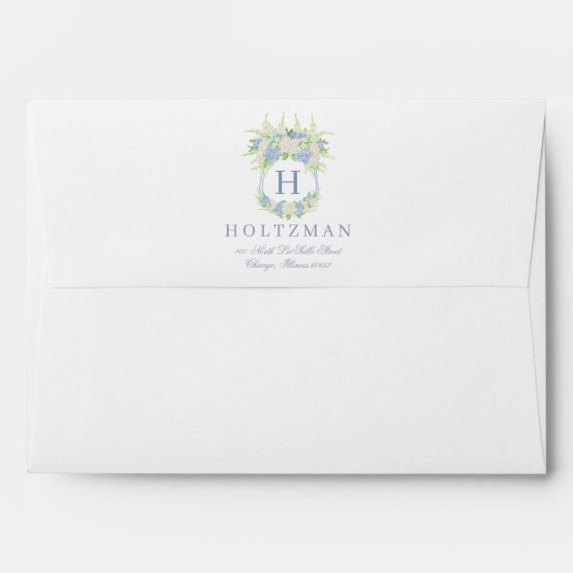 Watercolor Blue and White Hydrangea Crest Envelope (Back (Top Flap))