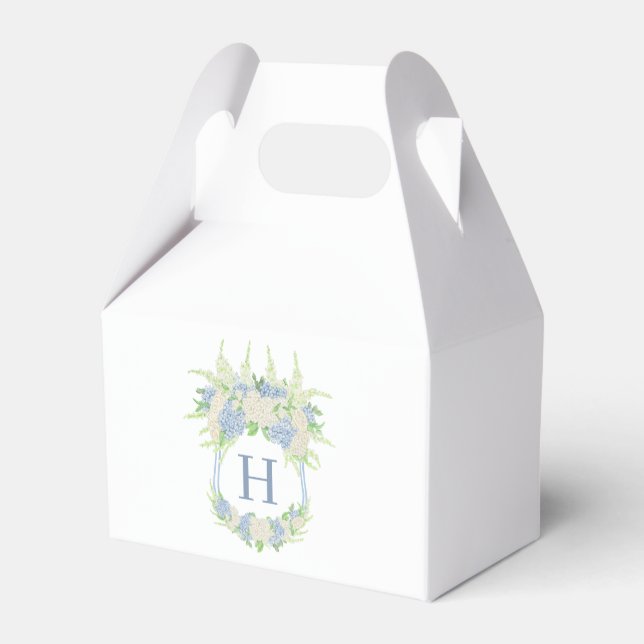 Watercolor Blue and White Hydrangea Crest Favor Boxes (Back Side)