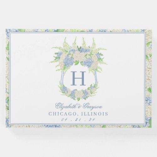 Watercolor Blue and White Hydrangea Crest Guest Book
