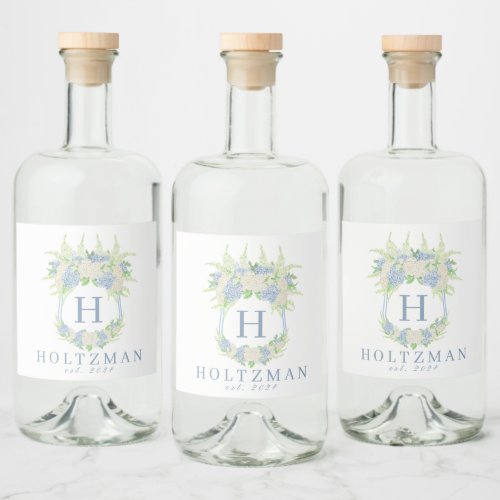 Watercolor Blue and White Hydrangea Crest Liquor Bottle Label