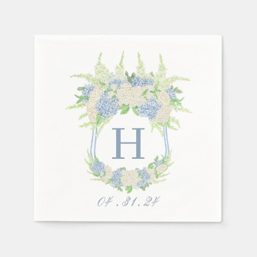 Watercolor Blue and White Hydrangea Crest Napkins