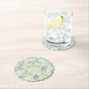 Watercolor Blue and White Hydrangea Crest Paper Coaster