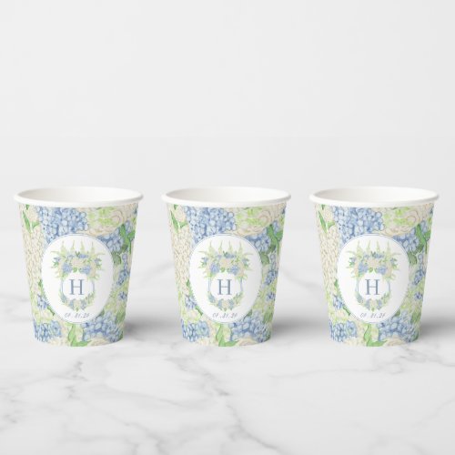 Watercolor Blue and White Hydrangea Crest Paper Cups