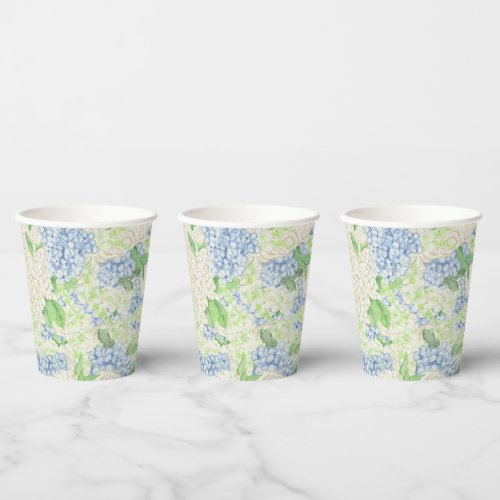 Watercolor Blue and White Hydrangea Crest Paper Cups