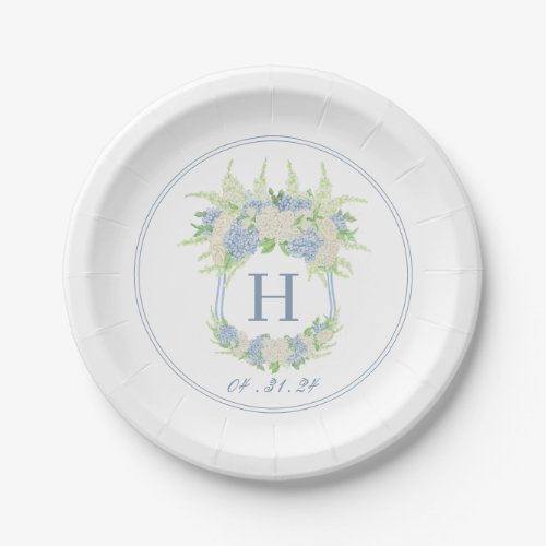 Watercolor Blue and White Hydrangea Crest Paper Plates