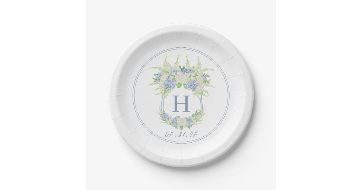 Watercolor Blue and White Hydrangea Crest Paper Plates | Zazzle