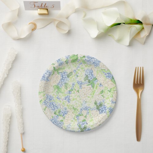 Watercolor Blue and White Hydrangea Crest Paper Plates