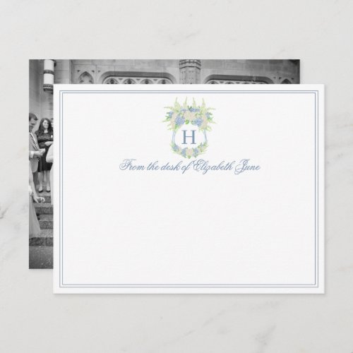 Watercolor Blue and White Hydrangea Crest Photo Thank You Card