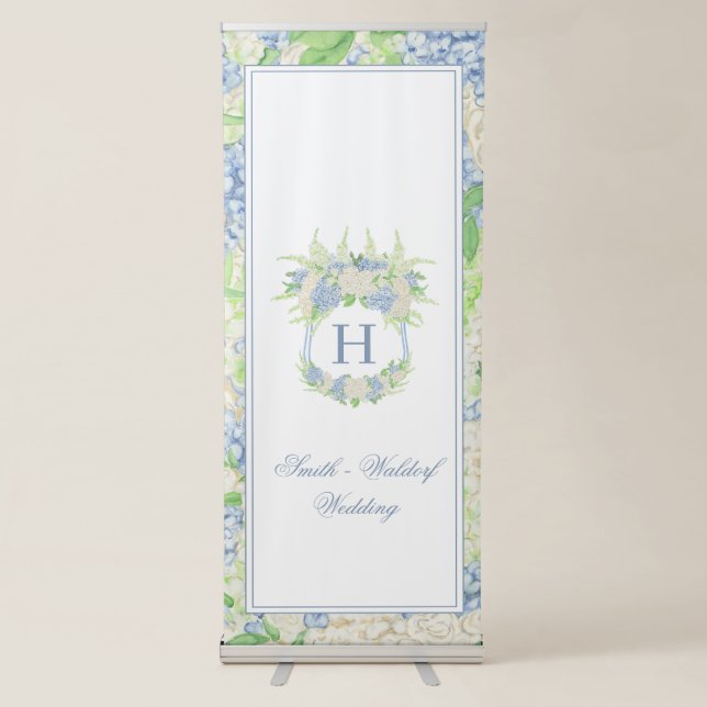 Watercolor Blue and White Hydrangea Crest Retractable Banner (Front)