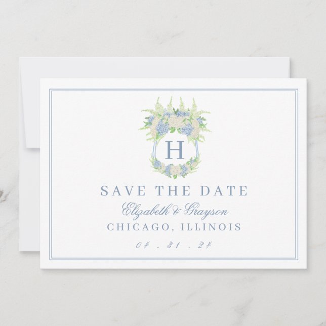 Watercolor Blue and White Hydrangea Crest Save The Date (Front)