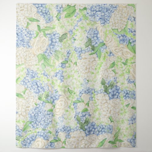 Watercolor Blue and White Hydrangea Crest Tapestry