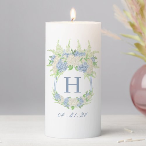 Watercolor Blue and White Hydrangea Crest Unity Pillar Candle