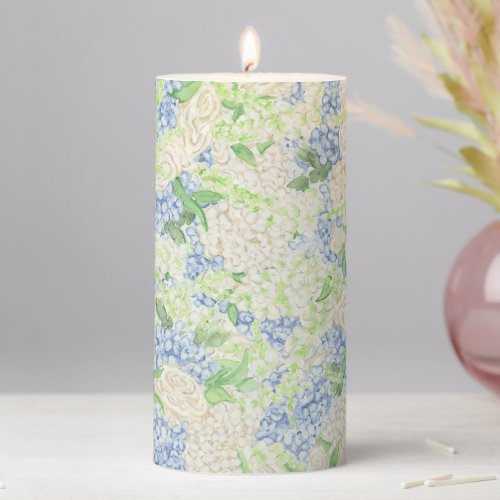 Watercolor Blue and White Hydrangea Crest Unity Pillar Candle