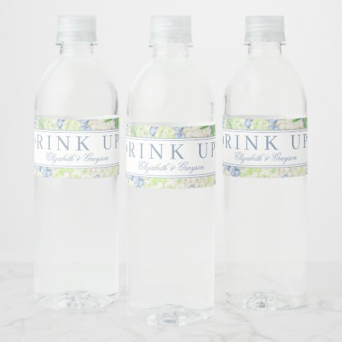 Watercolor Blue and White Hydrangea Crest Water Bottle Label