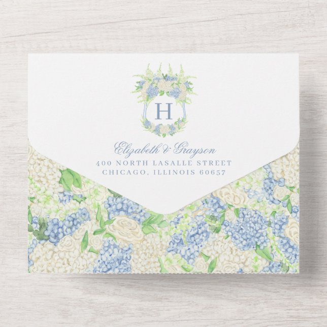 Watercolor Blue and White Hydrangea Crest Wedding All In One Invitation (Back)
