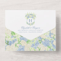 Watercolor Blue and White Hydrangea Crest Wedding