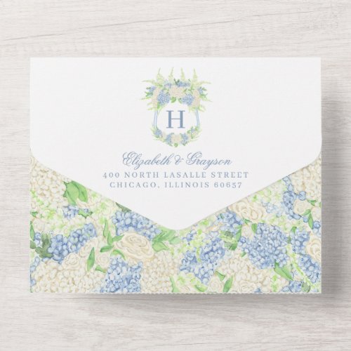 Watercolor Blue and White Hydrangea Crest Wedding All In One Invitation