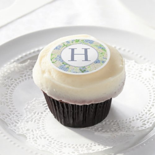Watercolor Blue and White Hydrangea Crest Wedding Edible Frosting Rounds