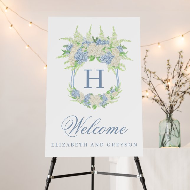 Watercolor Blue and White Hydrangea Crest Wedding Foam Board (In Situ (Stand))