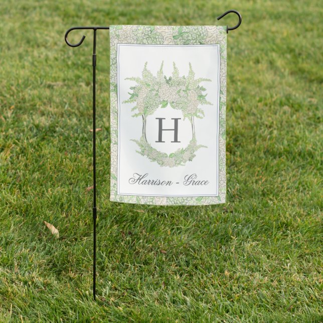 Watercolor Blue and White Hydrangea Crest Wedding Garden Flag (In SItu)