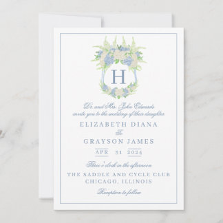 Watercolor Blue and White Hydrangea Crest Wedding Invitation