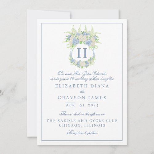 Watercolor Blue and White Hydrangea Crest Wedding Invitation