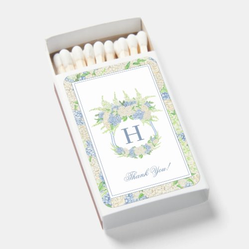 Watercolor Blue and White Hydrangea Crest Wedding Matchboxes